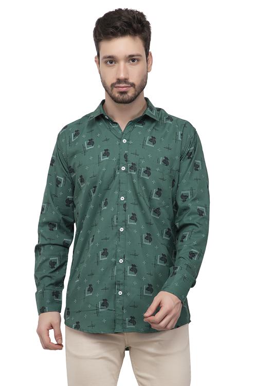 YHA Mens Dark Green Printed Shirt