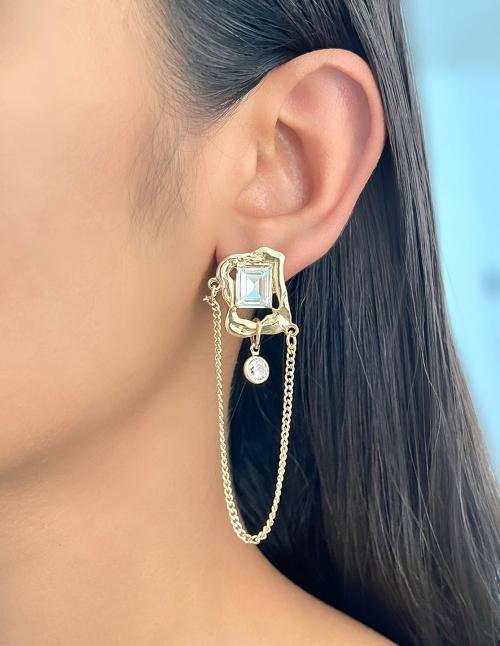 Oversized Hammered Square Gold-Toned Diamante Stud & Tassel Drop Earrings