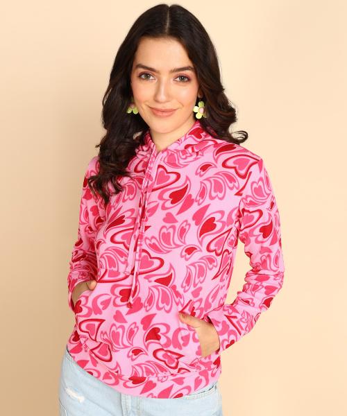 Popwings Women Casual Pink Heart Print Hooded Pocket Sweatshirt | Printed Sweatshirts | Women Sweatshirts | Winter Wear Sweatshirts | Latest Design Sweatshirts | Trendy Sweatshirts