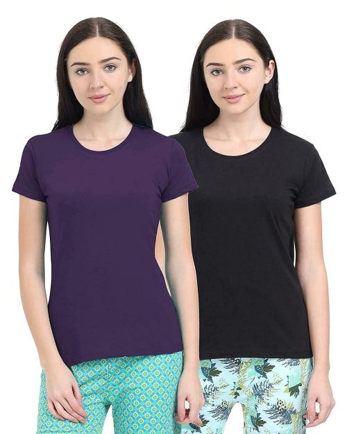 Alphabet Women Black and Grape Cotton pack of 2 T-Shirts, S