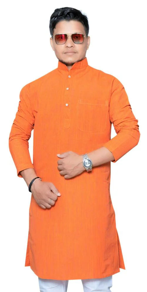 Men Cotton Khadi Orange Kurta -M