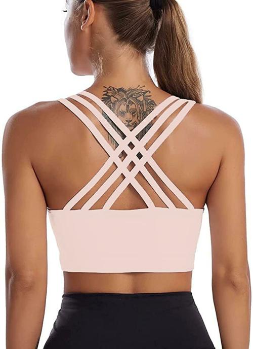SHAPERX Sports Bras for Women, Longline Medium Support Yoga Bra Wirefree Padded Sports Bra (M, Peach)