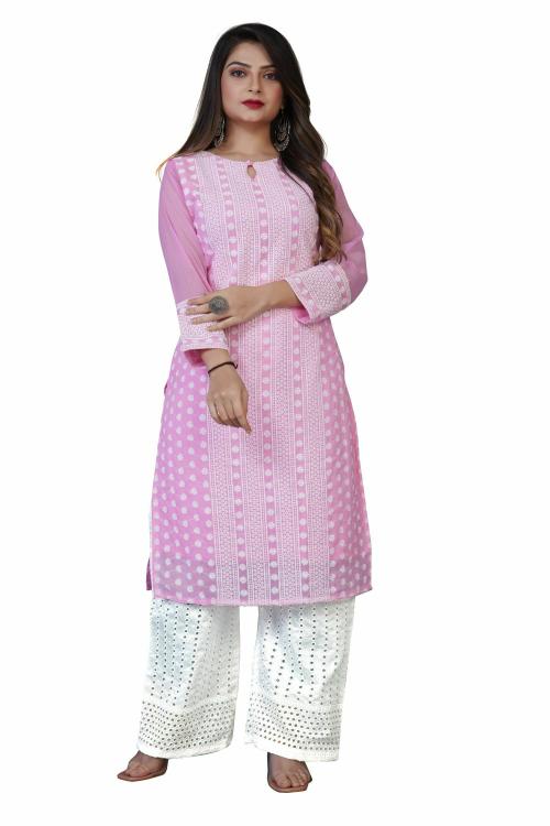 Snizvi Women's Georgette Hand Embroidered Chikankari Lucknowi Kurta Palazzo Set (Pink)
