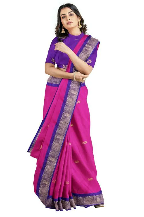 SWIFFIN Designer Cotton Silk Paithani Pink-Navy Blue Saree For Women/Women Saree With Unstitched Blouse- PAITHANI-PINK-NAVY BLUE