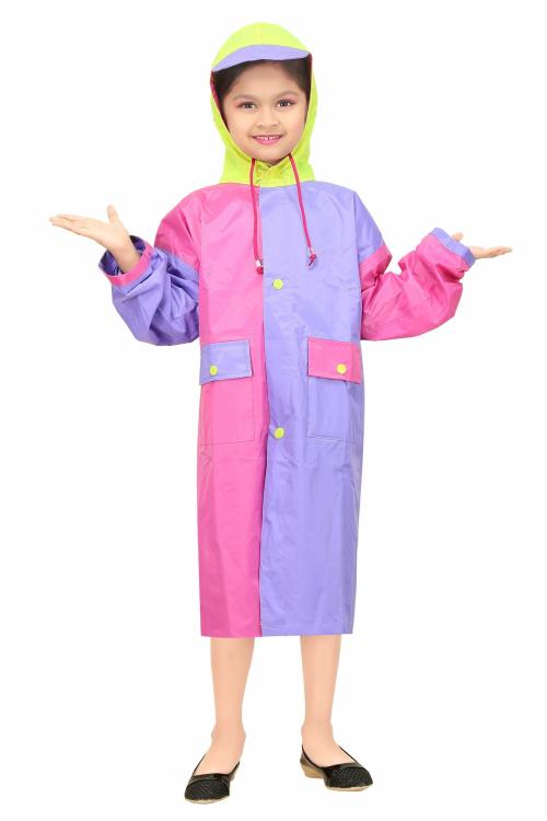 Real Polyester Raincoat for School Boys & Girls with Hood, Pockets and School Bag Coverage Bright Color Raincoat