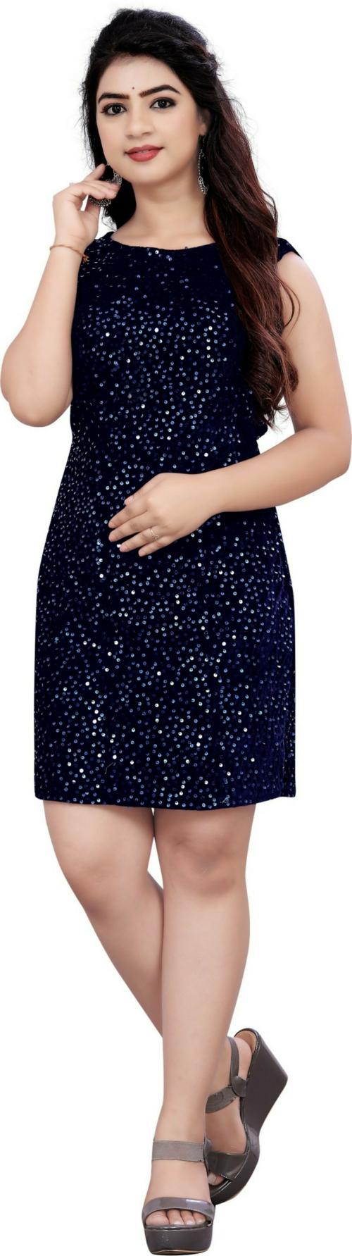 K&Q King And Queen Store Women Blue Embroidered Velvet A-line Dress (S)