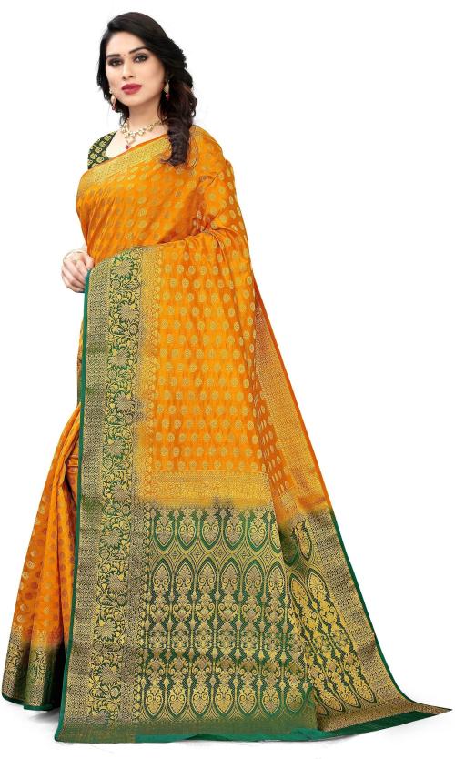 Serona Fabrics Women Yellow Self Design Jacquard Regular Saree
