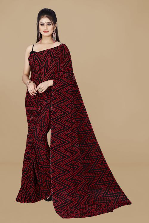 Anand Women Red Self Design Pattern Georgette Single Saree Without Blouse