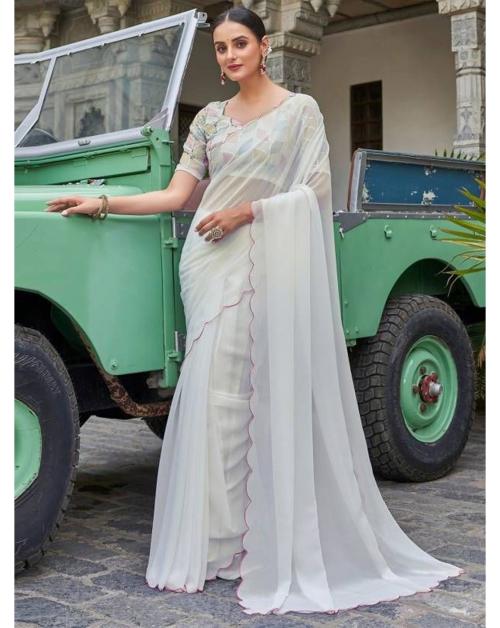 TIBKADI Women Pure Georgette Embroidery Sequence Work Saree Length: 5.5 Metres With 0.8 Metre Blouse Piece| Free Size | Off-White.