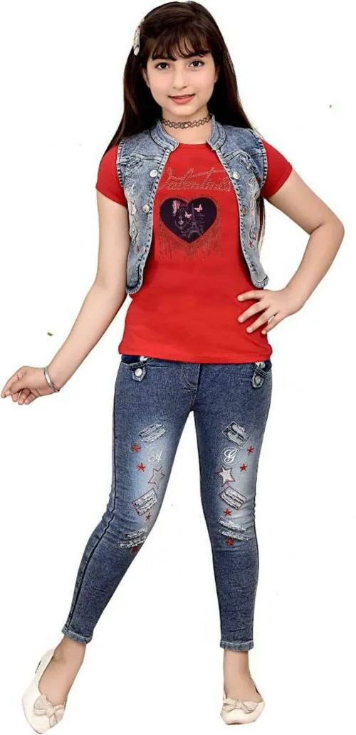 A.G FASHION Girls Red Printed Denim Blend T-shirt, Jeans and Jacket 4-5 Years