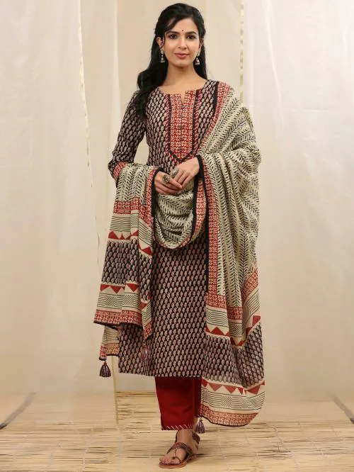 Piroh Womens Cotton Regular Print Straight Kurta Pant Dupatta (Black) | kurta set women| kurta set| kurta set for women| kurta suit sets| women kurta set