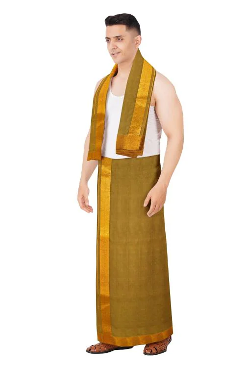 South Indian Men's Cotton Dhoti Towel set with Golden Jari Border for Pooja | 9X5 [Kakki]