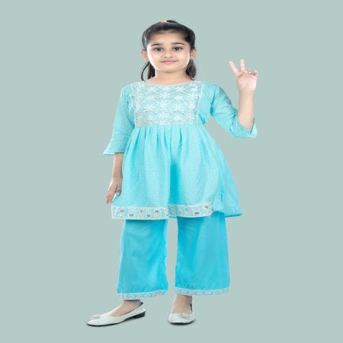 Burbn girls blue embroidered kurta pants set