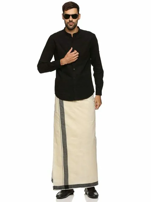 Handlooom.com - Handmade in india for the world ! Pure Cotton Off White Double Mundu/Dhoti/ Veshti with Black Border For Men With Handloom Mark And 1 Year Warranty