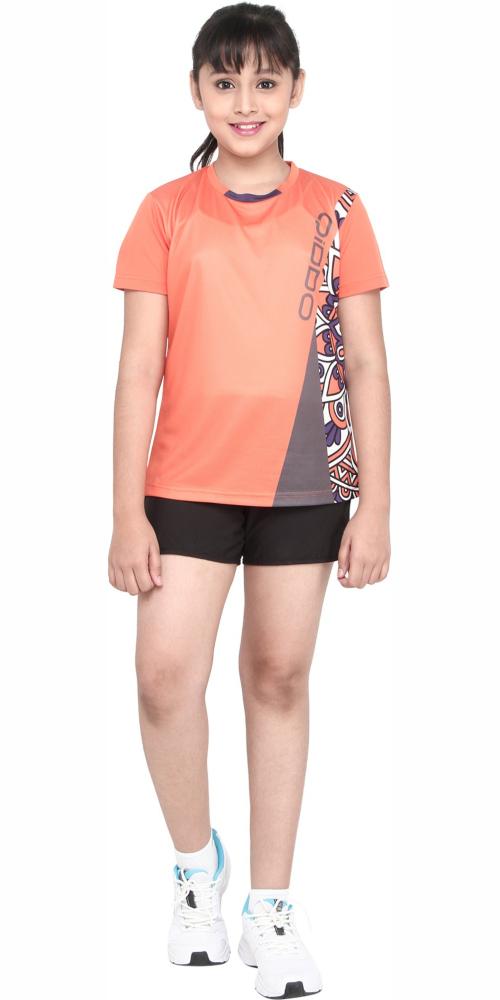 QiDDO Sports Girls Orange Printed Polyester Round Neck T-shirt
