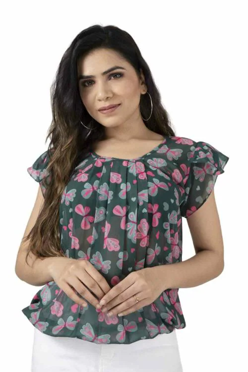 Buy PRIMELADY Women Green Floral Georgette Round Neck Crop Top (S