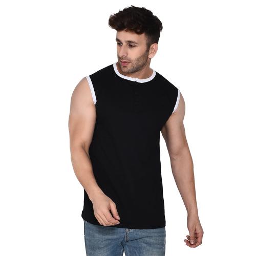 Tfurnish Men Black Solid Cotton Blend Henley Neck T-shirt (Pack of 1)
