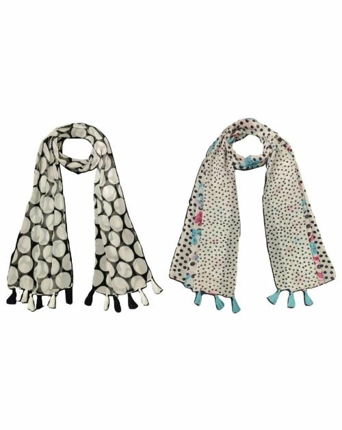 StoleVilla Women's Printed Chiffon Multicolored Scarf and Stoles with Tassels - Set of 2