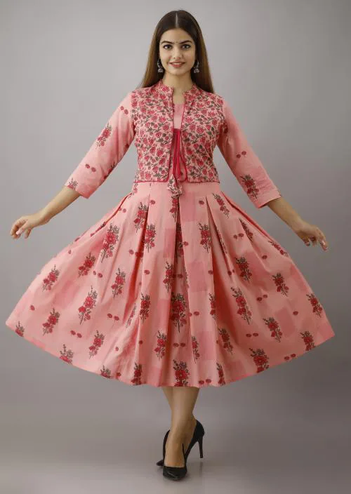 ftDiva Women Pink Floral Cotton Single Flard kurta