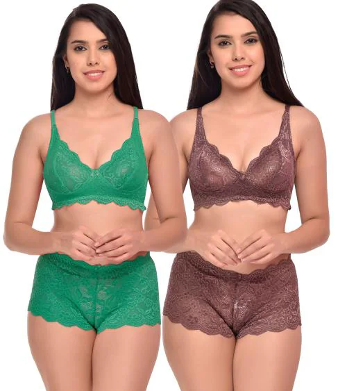 PIBU Women Net Bra Panty Set for Lingerie Set ( Pack of 2 ) ( Color : Green,Maroon )