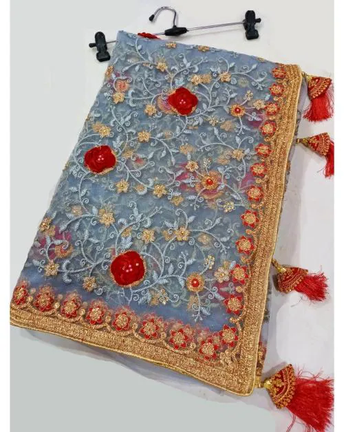 shyamlata Women's Net Machine And Hand Embroidery Stone Work Saree With Embroidered Blouse Piece|Grey