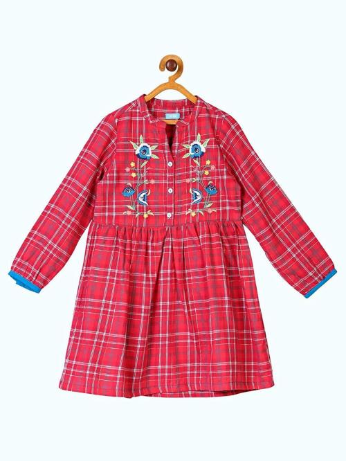 Miyo Baby-Girls Red And White Embroidered Cotton Dress(6-7Y)