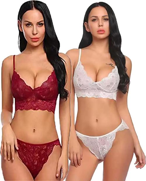 Samvar Women Net Lace Self-Design Baby Doll Nighties Red,White