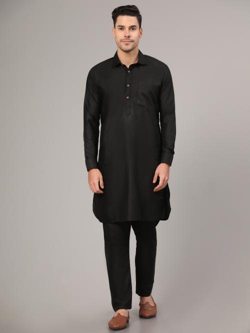 IrisTheStudio Men Black Cotton Blend Solid Pathani And Pant Set (Xxl)