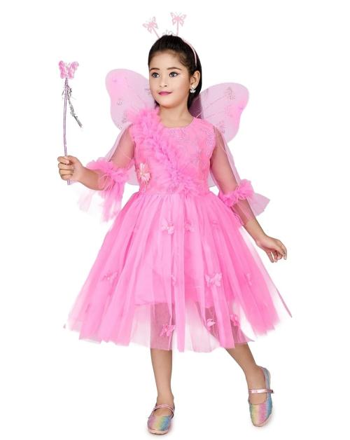 NEW TUSI DRESSES Net Solid Frock for Girls | Frock, Hair Band, Fairy Stick and Fairy Wing (Pink, 3-4 Years)