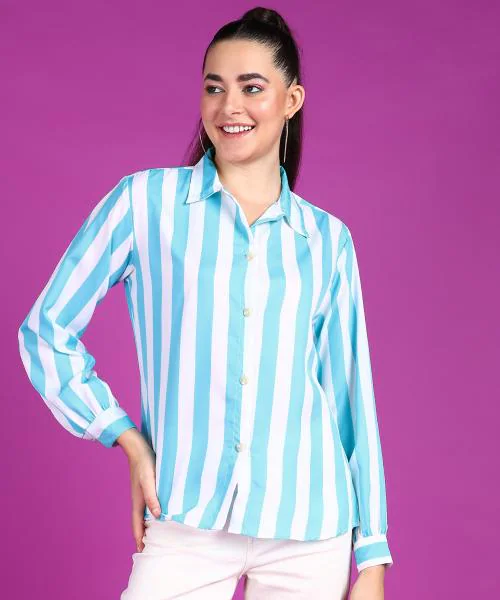 Popwings Women Casual Sky Blue & White Stripe Printed Shirt | Full Sleeve Shirt | Spread Collar Shirt | Casual Regular Shirt | Trendy Stylish Shirt