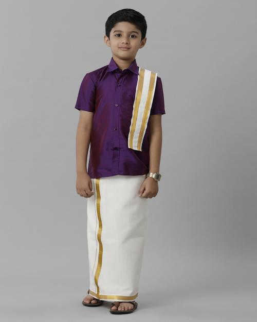 Ramraj Cotton Boys Purple Shirt and Cream Dhoti With Towel