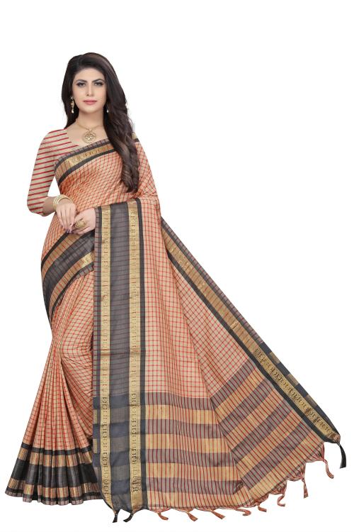 Rujave Women Cream Checkered Art Silk Kanjivaram Saree