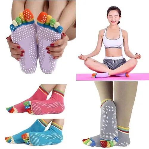 DJ FINDER Yoga Socks for Women with Grips, Pilates Socks, Barre Socks ,Women's Cotton Anti-Skid, Anti-Slip Five Finger Toe Yoga Ankle Length Socks - 2 Pair