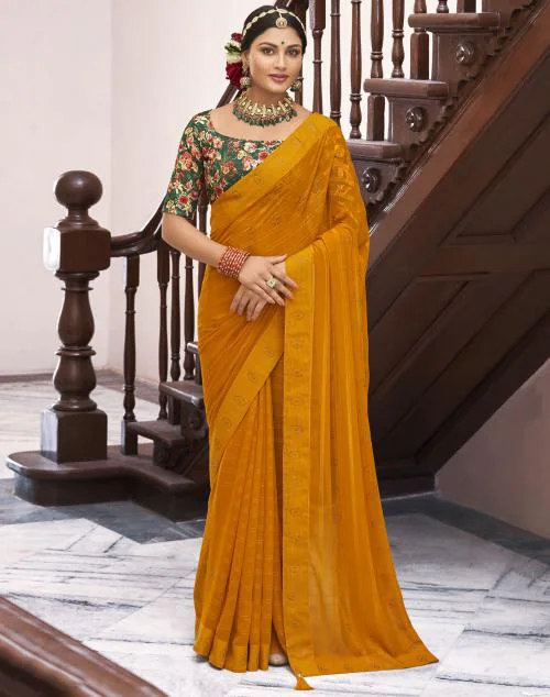 Satrani Georgette Yellow Color Saree with Blouse piece