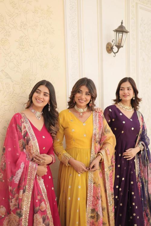 ZESTY New Stylish Designer Faux Georgette Premium Full Sleeve Readymade Pink Gown for Women's