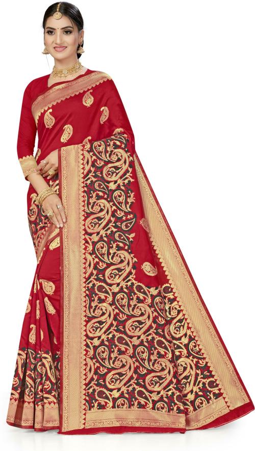Manvaa Women Red Woven Design Silk Blend Saree
