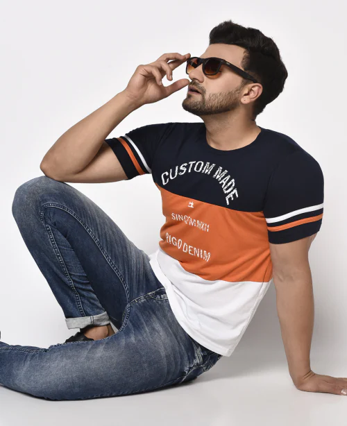Rigo Men Navy Orange White Color Block Printed Cotton Half Sleeve T-Shirt