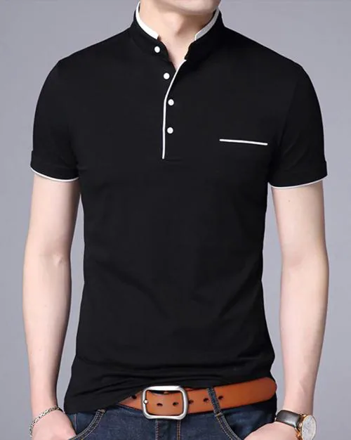 Ausk Men's Black Solid Mndarin Collar Neck Cotton Blend Half Sleeve T-Shirt