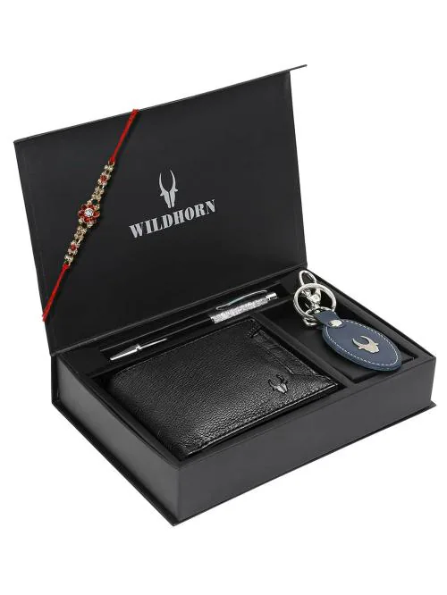 Wildhorn Men Black Wallet Keyring Pen And Rakhi Set (Rakhi Pwk Combo 1252)