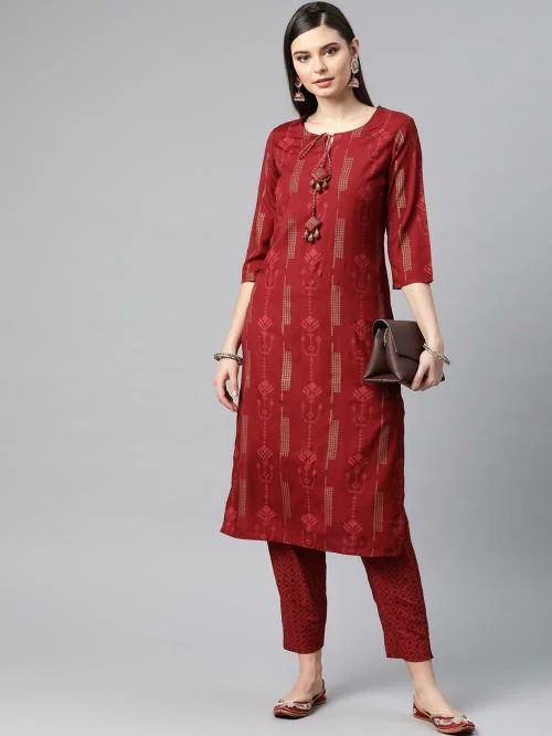Piroh Womens Rayon Geometrical Gold butta Straight Kurta Trouser Set (Red) | kurta set women| kurta set| kurta set for women| kurta suit sets| women kurta set