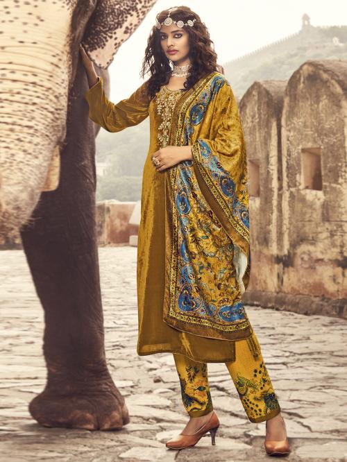 Stylee Lifestyle Mustard Velvet Embroidered Dress Material