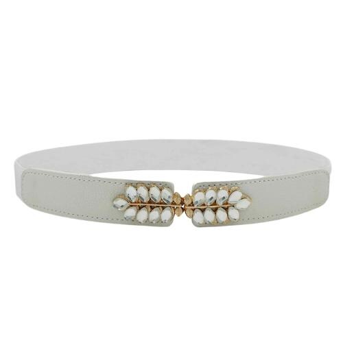 REDHORNSFloral Stone Studded Design Women's Elastic Waist Belt For Dresses - White