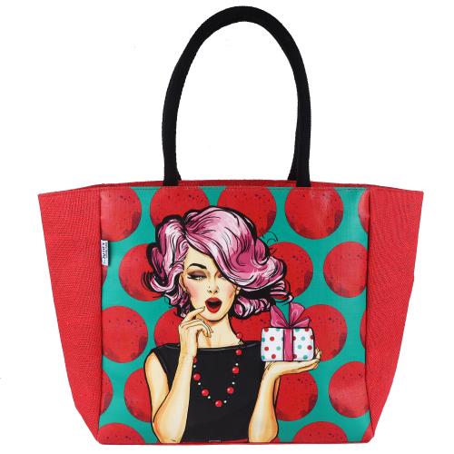 JUTIFY naturally stylish Eco-Friendly Printed Unisex Jute Shopping Bag, Women's Tote Bag , Spacious, Stylish, Sturdy Handbag ,For Daily and Office Use,pop tote jute - polka red (37cm x 36cm x 19cm)