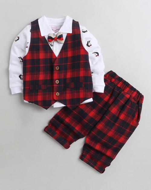 Hopscotch Baby Boys Cotton Checkered Waistcoat Shirt And Pant Set In Red Colour For Ages 9-12 Months (SN-2664417)