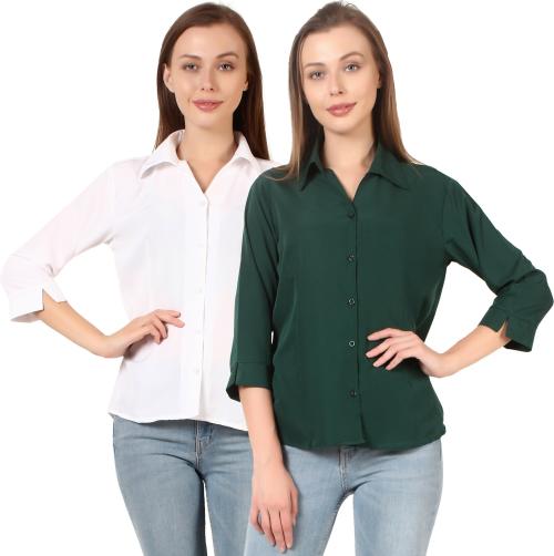 HUNOOR Womens White Solid Crepe Pack of 2 Formal Shirt l women shirt l casual shirt for women