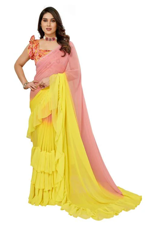Reeta Fashion Gorgeous Two-Tone Georgette Ruffle Saree Saree With Unstitched Blouse