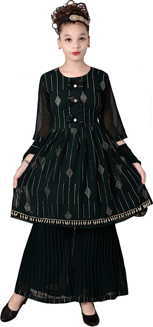 TASDIK GARMENTS Girls Green Embellished Georgette Kurta and Palazzo Set (4-5 Y)