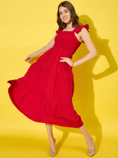 Buynewtrend Red Ruffled Strap Dress Square Neck Smocked High Waist Women Maxi Dresses