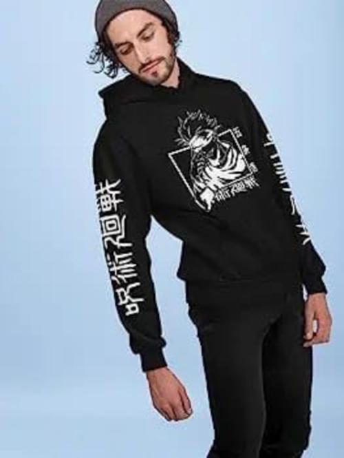 SHREE CHITRANSH CREATIONS Anime Hoodie Cotton Hooded Sweatshirt with Fleece for Winter Gojo Printed Hoodies for Womens and Mens (M) Black