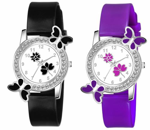 KIARVI GALLERY Analog Flower Butterfly Multi-color Dial Multicolor Strap Watch for Girls And Women Watches (Pack of 2)
